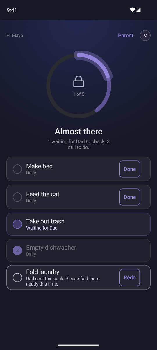 ChoreKey child screen on Android showing apps locked with chores left to do