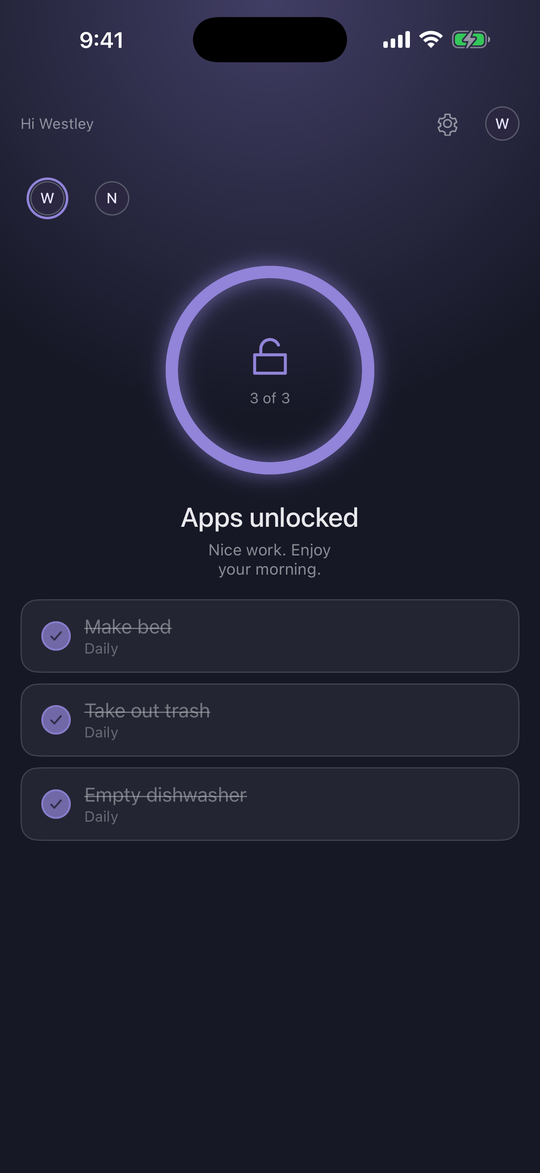ChoreKey child screen on iPhone showing apps unlocked after chores are approved